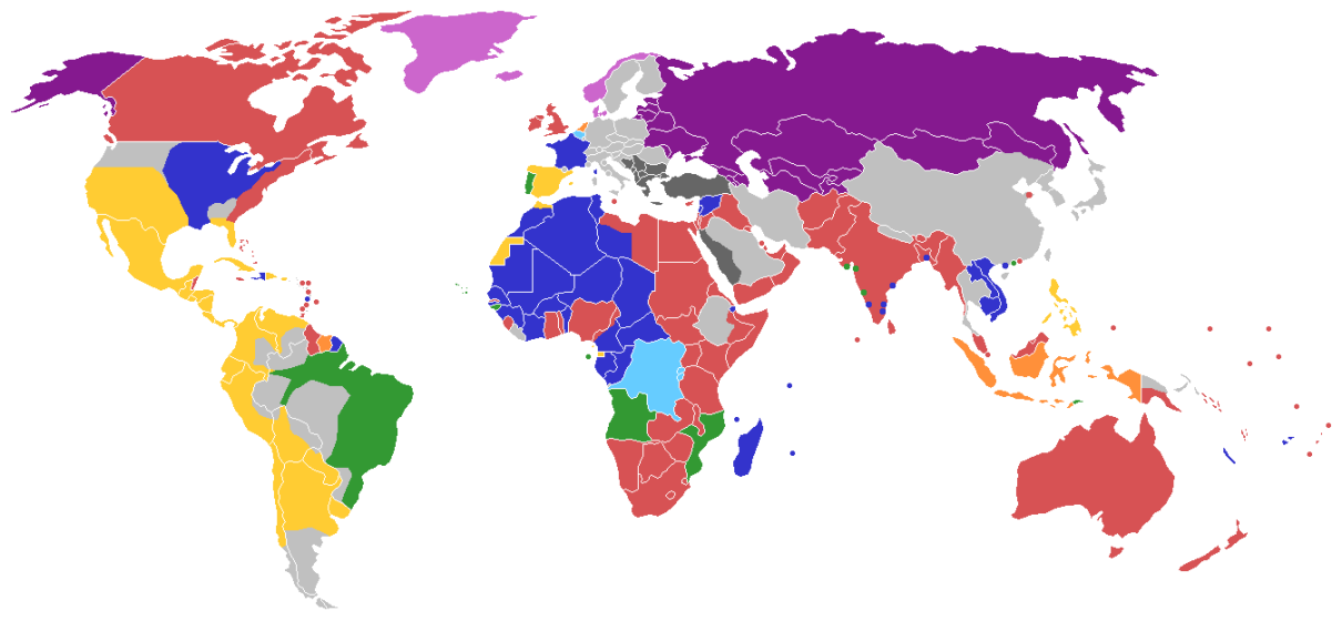 Map of the World showing the last European country controlling each territory