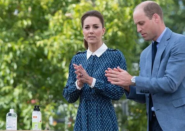 Kate Middleton wore a new floral print shirt dress by Beulah London. Crown Princess wore the same dress. Patrick Mavros quartz earrings