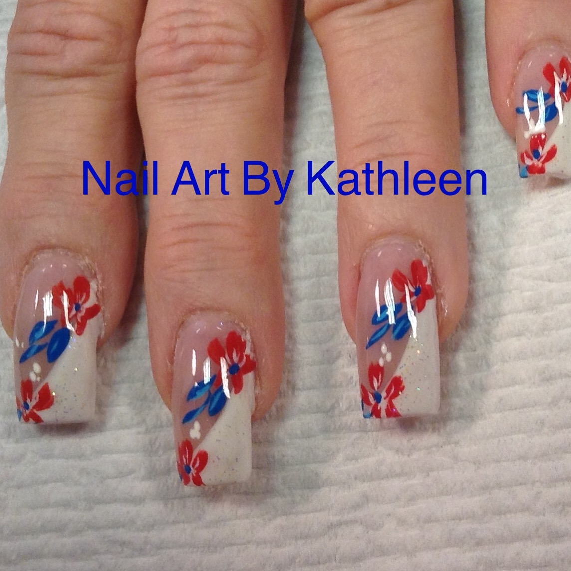 Nail Art By Kathleen Red, White, And Blue, Flower Nail Art
