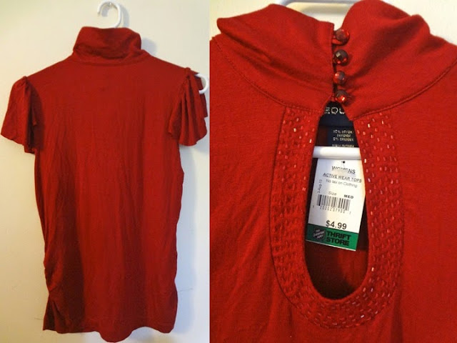 Red shirt, beads, keyhole, ruby buttons, mock turtleneck