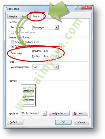 Gambar: Cara Merubah batas Margin Header dan Footer melalui Dialog Page Setup Microsoft Word 2007