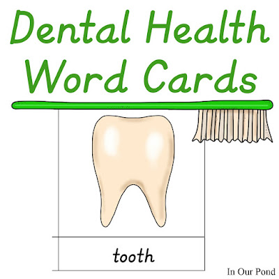Dental Health Word Card Printable from In Our Pond  #teeth  #homeschooling  #dentist  #montessori  #3partcards  #dentalunit  #toothfairy