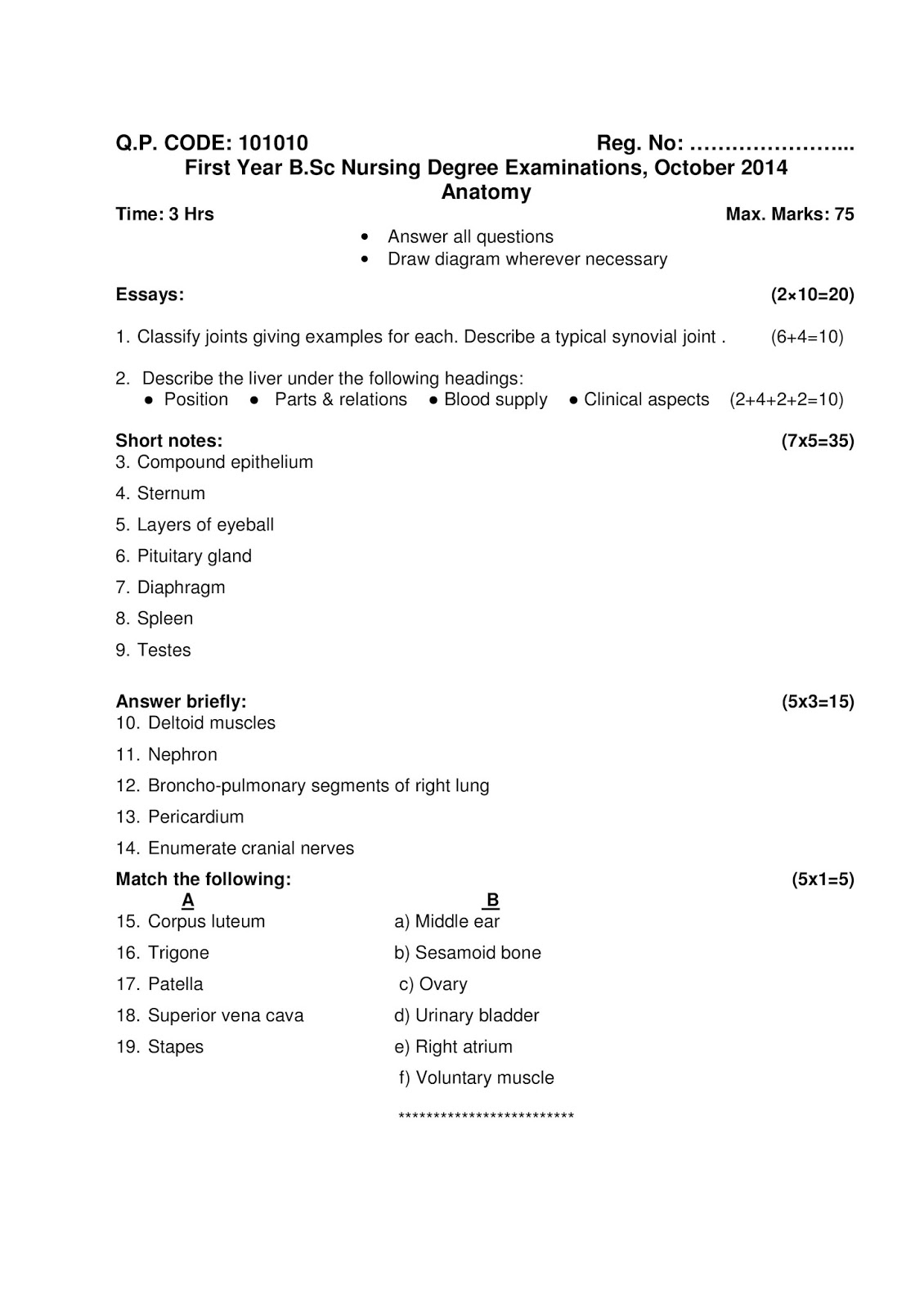 KUHS PREVIOUS QUESTION PAPER ANATOMY