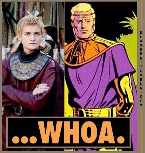 Jack Gleeson as Joffrey Baratheon in 'Game of Thrones' next to art of Adrian Veidt in 'Watchmen', both sporting blond hair and ornamental golden collar/breast plates over purple tunics and capes
