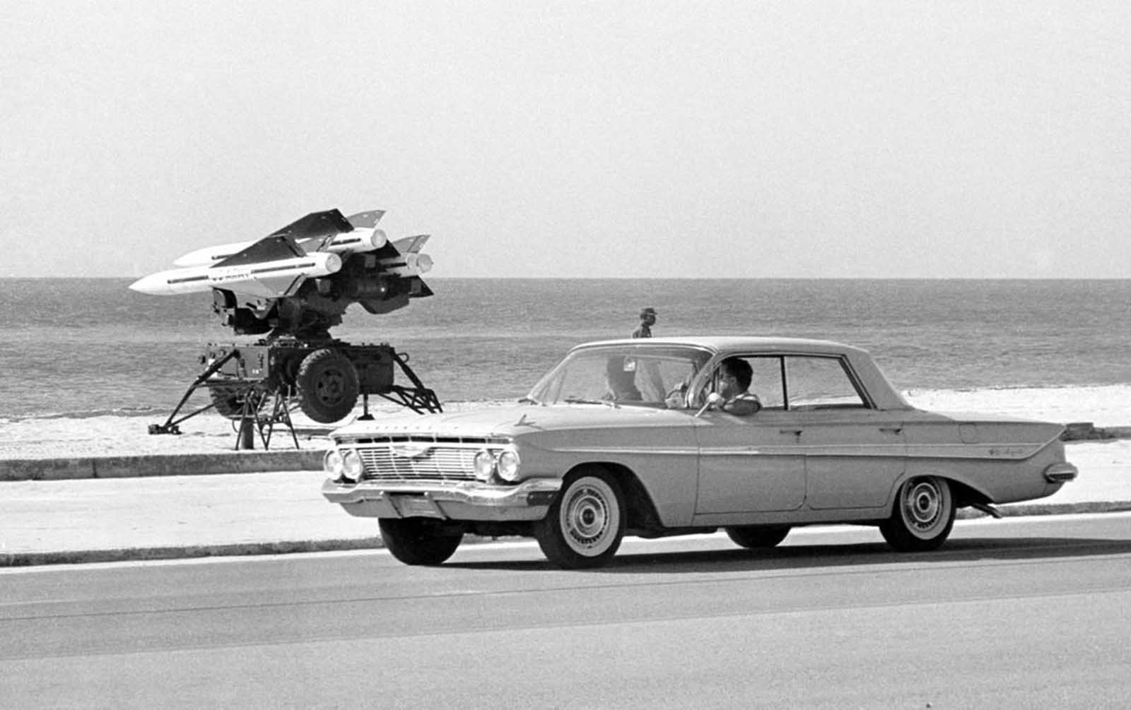 U.S. Army anti-aircraft rockets, mounted on launchers and pointed out over the Florida Straits in Key West, Florida, on October 27, 1962.