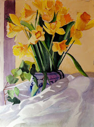 watercolor spring daffodils painting bunny artwork