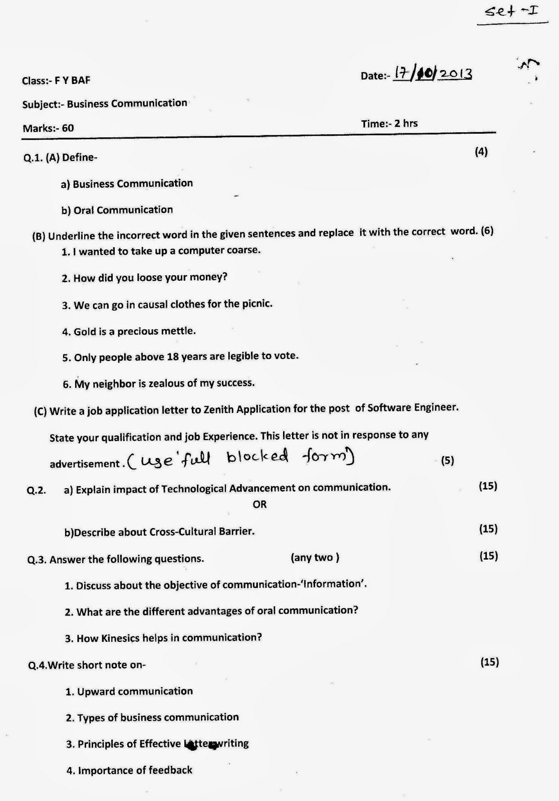 Question Papers Collection FYBAF Sem I Exam Business Communication