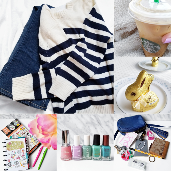 bbloggers, bbloggerca, beauty blog, lifestyle blogger, old navy, ootd, outfit, spring, 2018, starbucks, lindt, easter bunny, white chocolate, mini happy planner, nail polish, top 5, what's in my purse, in my bag