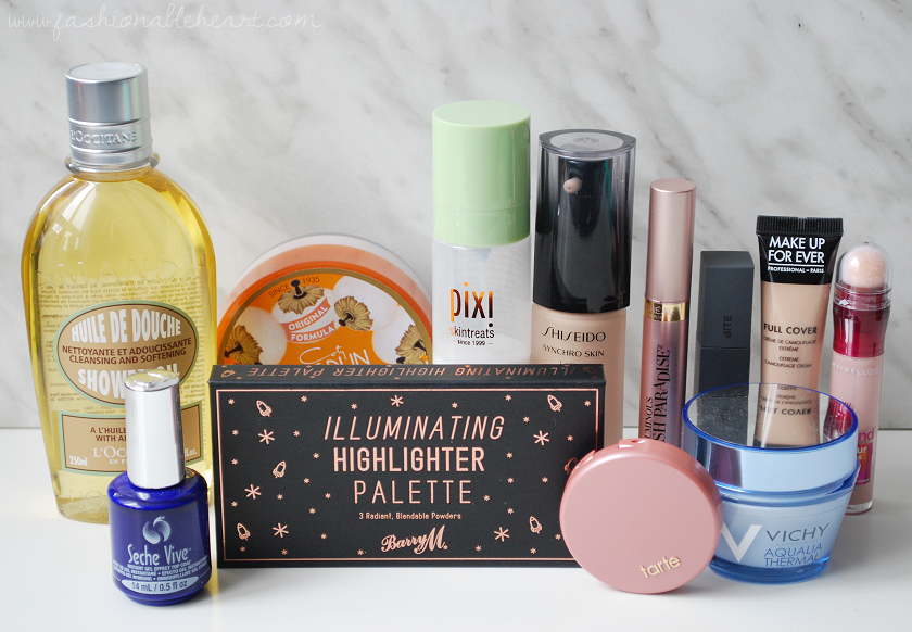 bbloggers, bbloggersca, canadian beauty bloggers, beauty blog, skincare, makeup, beauty, faves, favorites, 2017, l'occitane, loccitane, almond oil, shower oil, coty airspun powder, seche vive, gel, topcoat, barry m, highlight palette, pixi, hydrating milky mist, shiseido, synchro skin foundation, l'oreal, lash paradise, mascara, tarte, amazonian clay blush, paaarty, mufe, make up for ever, makeup forever, full cover, concealer, vichy, aqualia thermal, light cream, maybelline, instant age rewind, bite beauty, amuse bouche, liquified lipstick, eclair