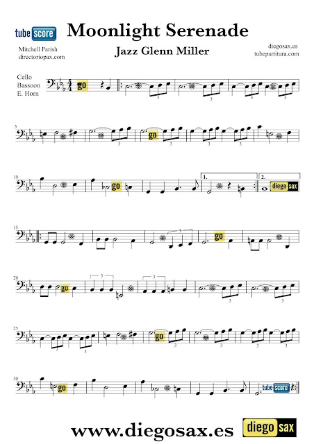 Partitura de Moonlight Serenade para Violonchelo y Fagot de Glenn Miller Sheet Music & Bassoon Music Score