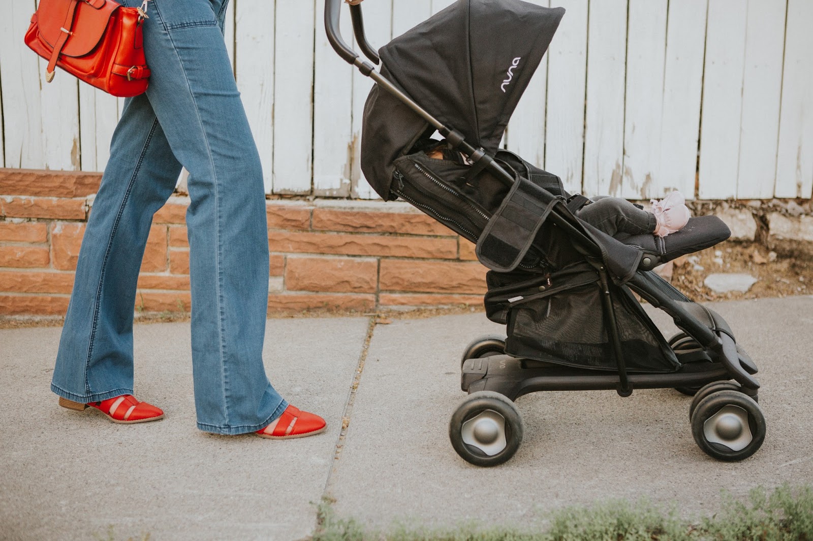 Nuna Stroller, Red Shoes, 70's style Jeans