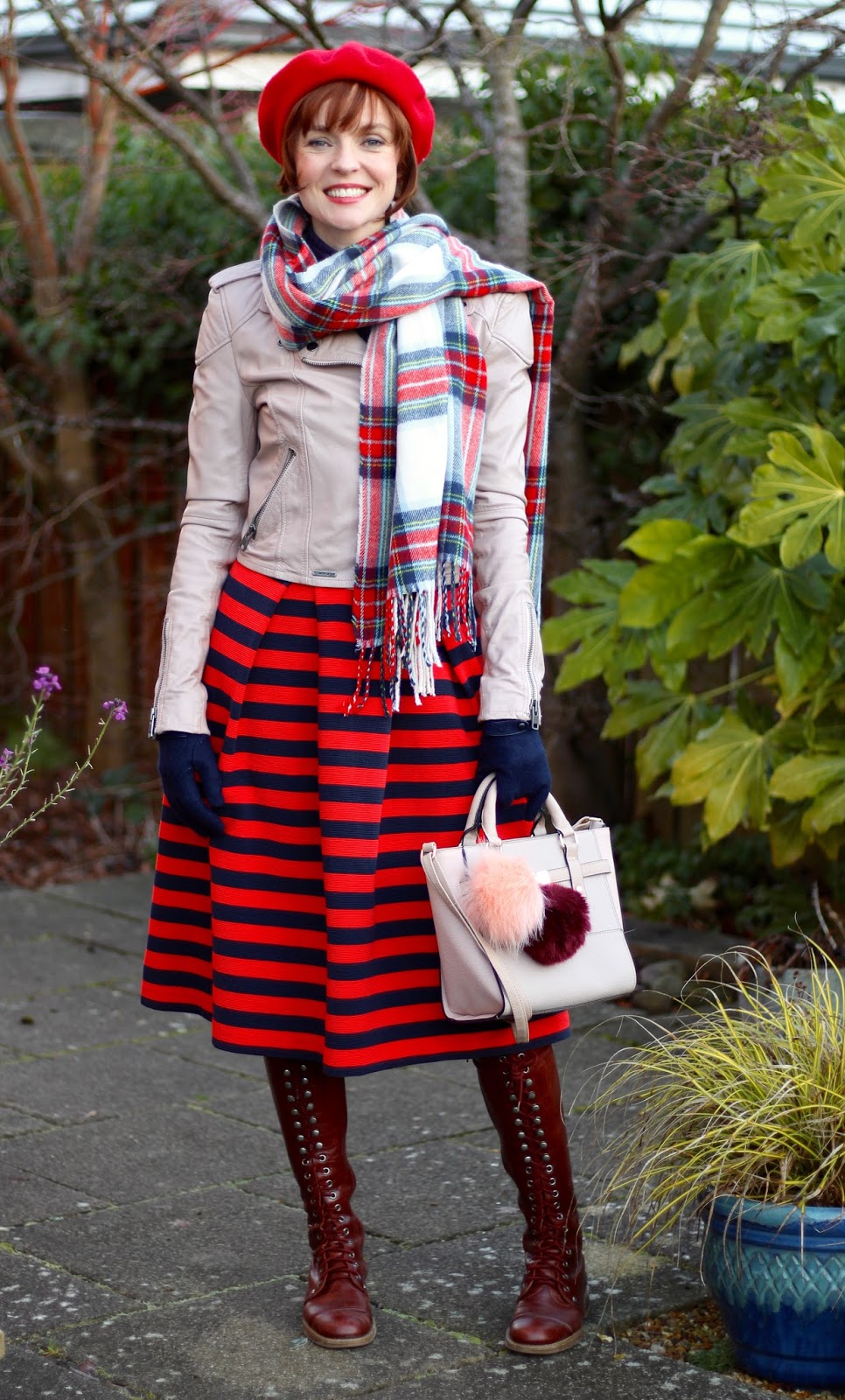 Striped Midi Skirt | Navy and Red | Nude leather Biker Jacket | Fake Fabulous