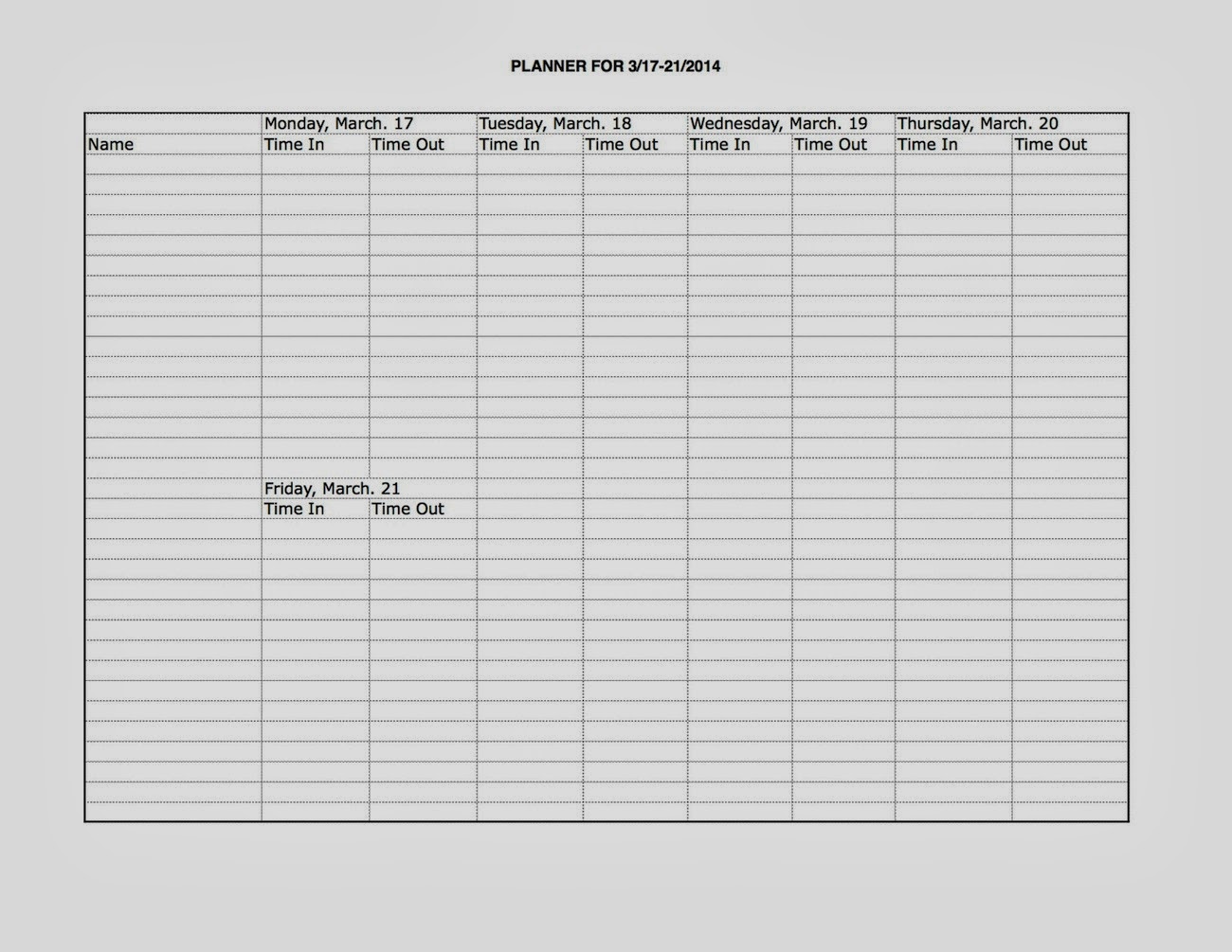 Time sheet grid for students to fill in their hours.