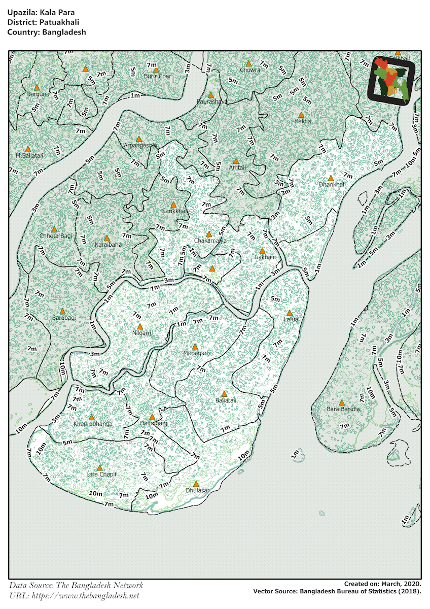 Kalapara Upazila Elevation Map Patuakhali District Bangladesh