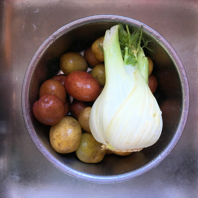 [Image of a stainless steel bowl sitting in a stainless steel kitchen sink filled with multi-colored little potatoes and a white and green fennel bulb. They look so happy together.]