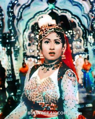 Madhubala wears this amazing light blue and red dress that has heavy embellishements - very befitting for this royal lady - (2) - Memorable bollywood outfits over the years- hot!!