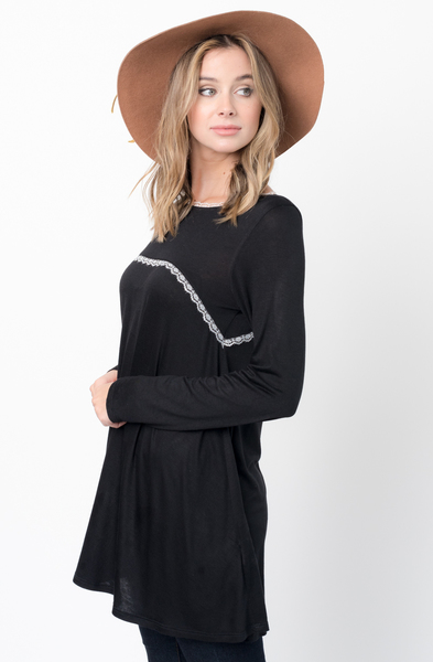 Buy Now Black Lace Trim Long Sleeve Jersey Top Tunic Online - $34 -@caralase.com
