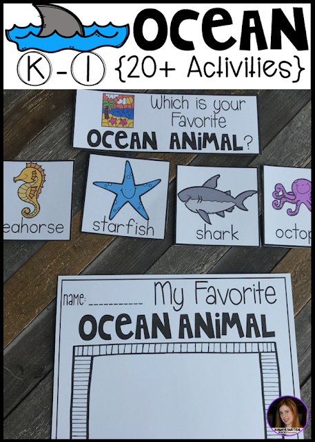 Ocean Activities, Centers and Crafts for kindergarten is the perfect unit for young learners that love learning about animal life.  This unit is based around essential question and contains real photos, anchor charts, large and small group as well as independent writing and centers to reinforce concepts and fun hands on craftivities that students will love!