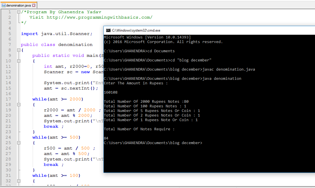 Denomination Program in Java | 2000, 500, 100, 50, 20, 10, 5, 2, 1