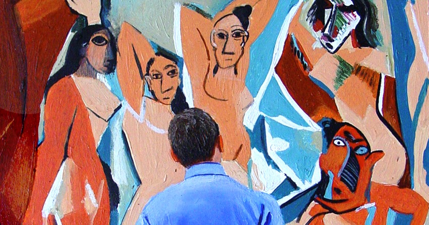 Les Demoiselles D'Avignon painting of a man enjoying a painting by ...