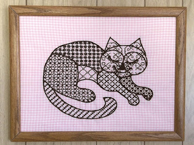 "Cat Nap," blackwork embroidery on 1/4" checked gingham