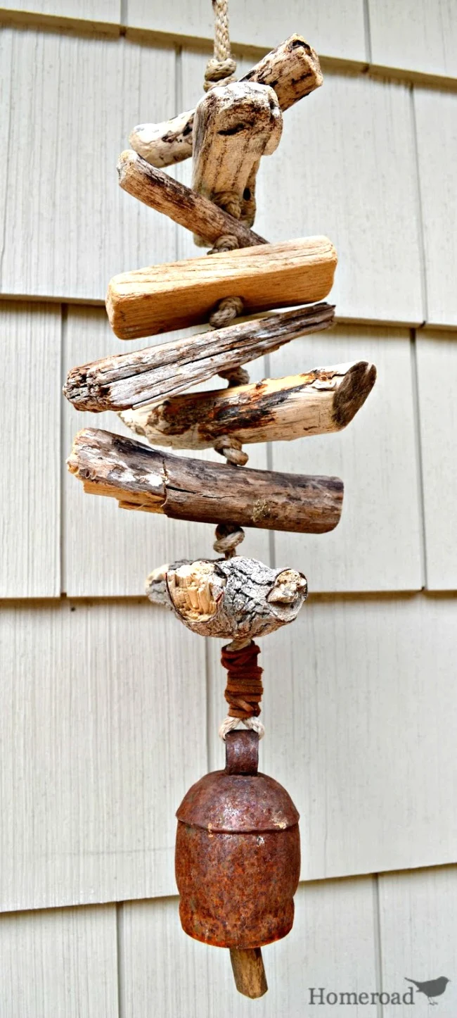 Wind chime driftwood with knotted rope inbetween