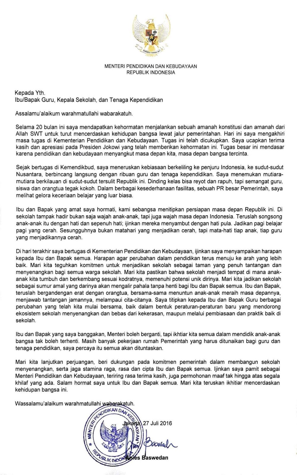 Inilah Surat Perpisahan Resmi Menteri Anies Baswedan 