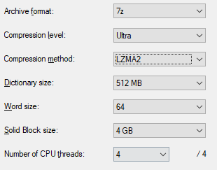 Komprimeringsnivå: Ultra. Komprimeringsmetode: LZMA2. Ordbok størrelse: 512mb. Ord størrelse: 64. Solid Blokk størrelse: 4gb