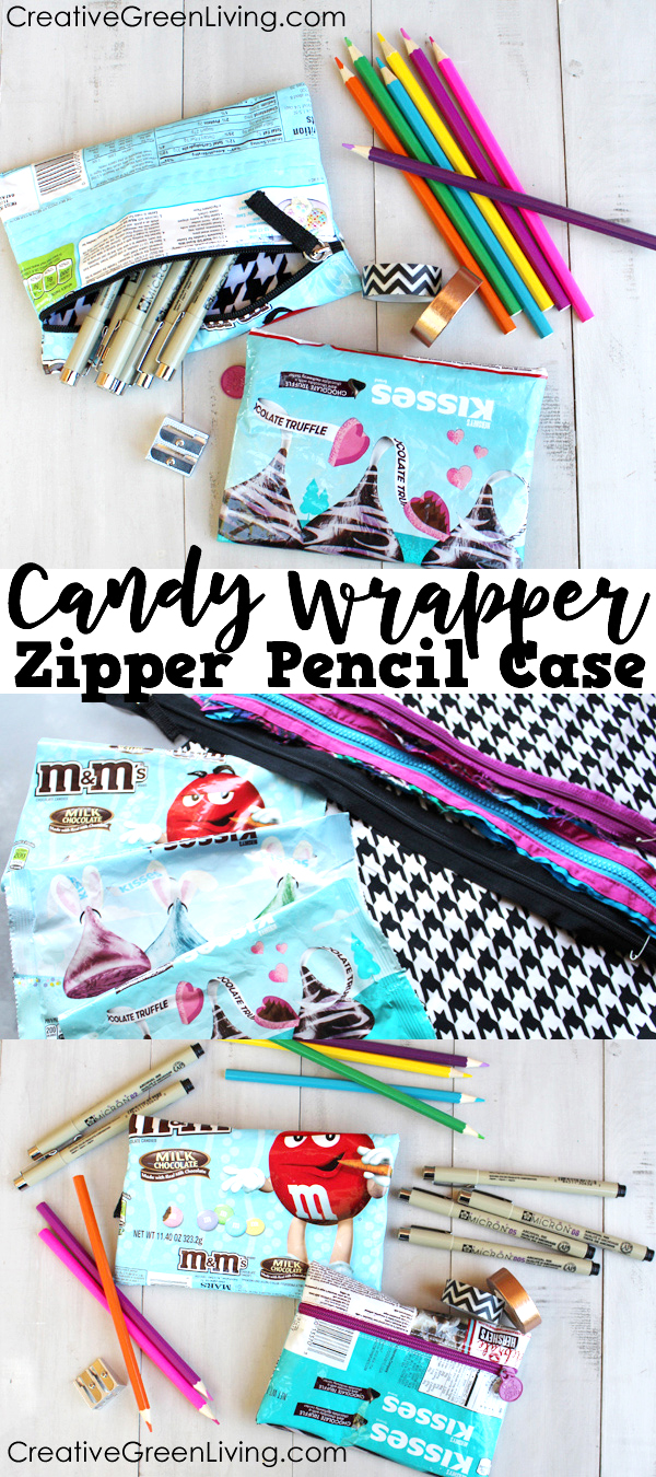 Upcycled M&M Candy Wrapper Zipper Pouch with White Zipper