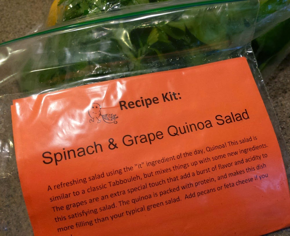 A quick and easy cooking with produce recipe. Spinach and Grape Quinoa Salad courtesy of Papa Spud's produce delivery service.