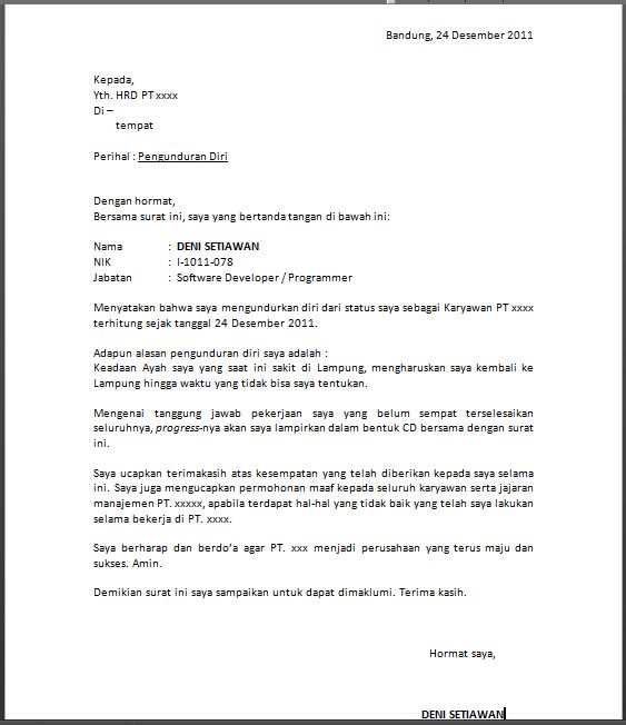 Contoh Surat Pengunduran Diri Kerja Sopan dan Baik | Contoh Surat ...