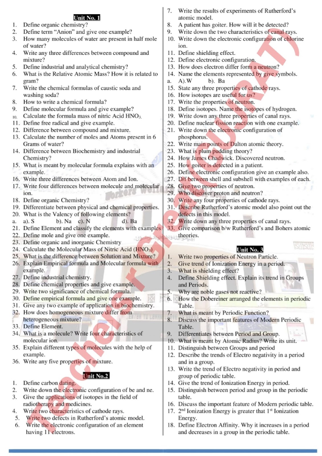 9th Class Chemistry Guess Paper 2019 Sadaqat Academy