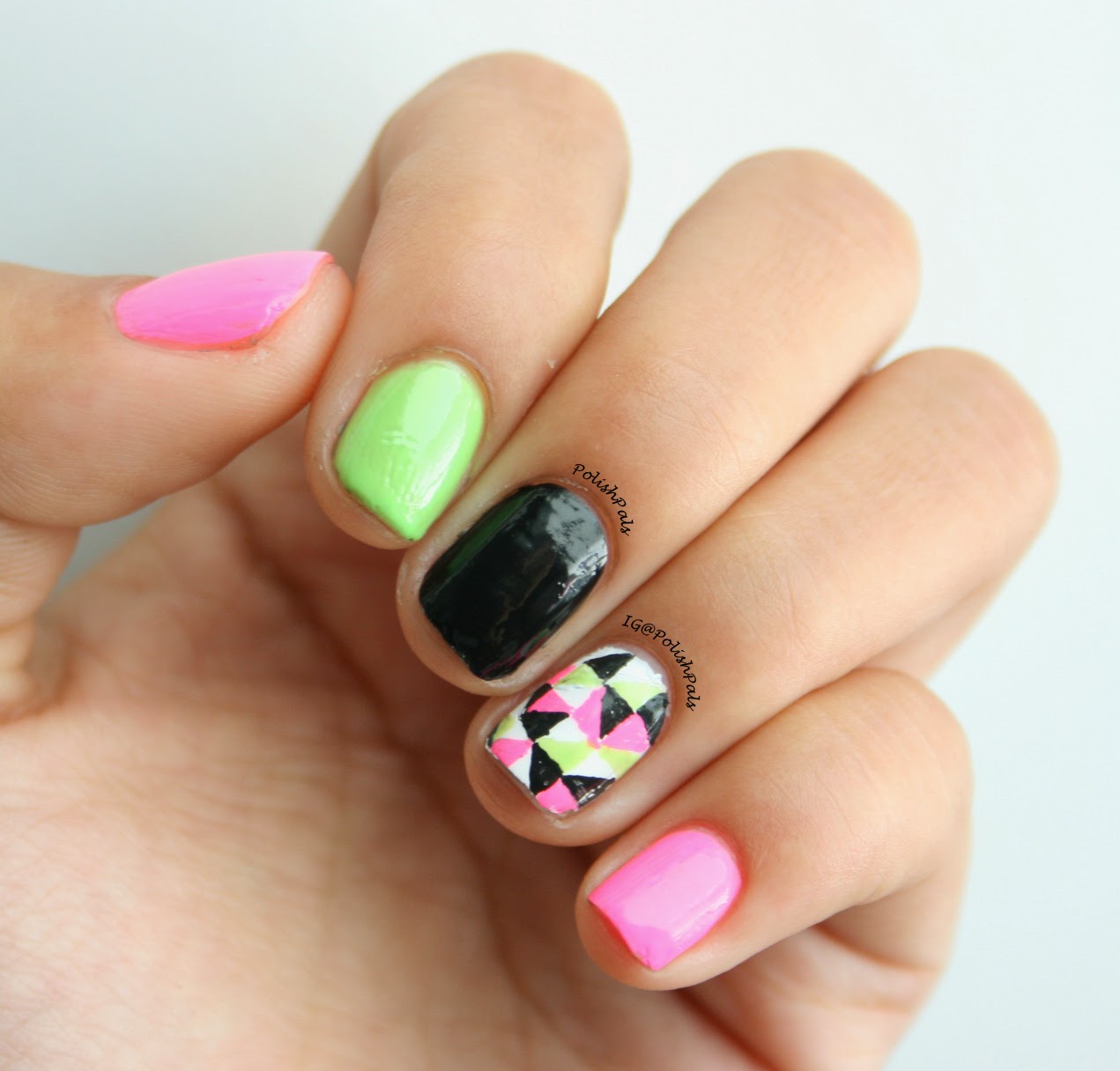 Polish Pals Pink & Green Triangle Nails