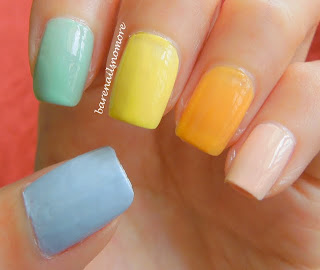 Orly Prelude to a Kiss, Essence Peaches from Marble Mania, Essence Destination Sunshine from Ready for Boarding, Orly Jealous Much?, Essence Sure Azure