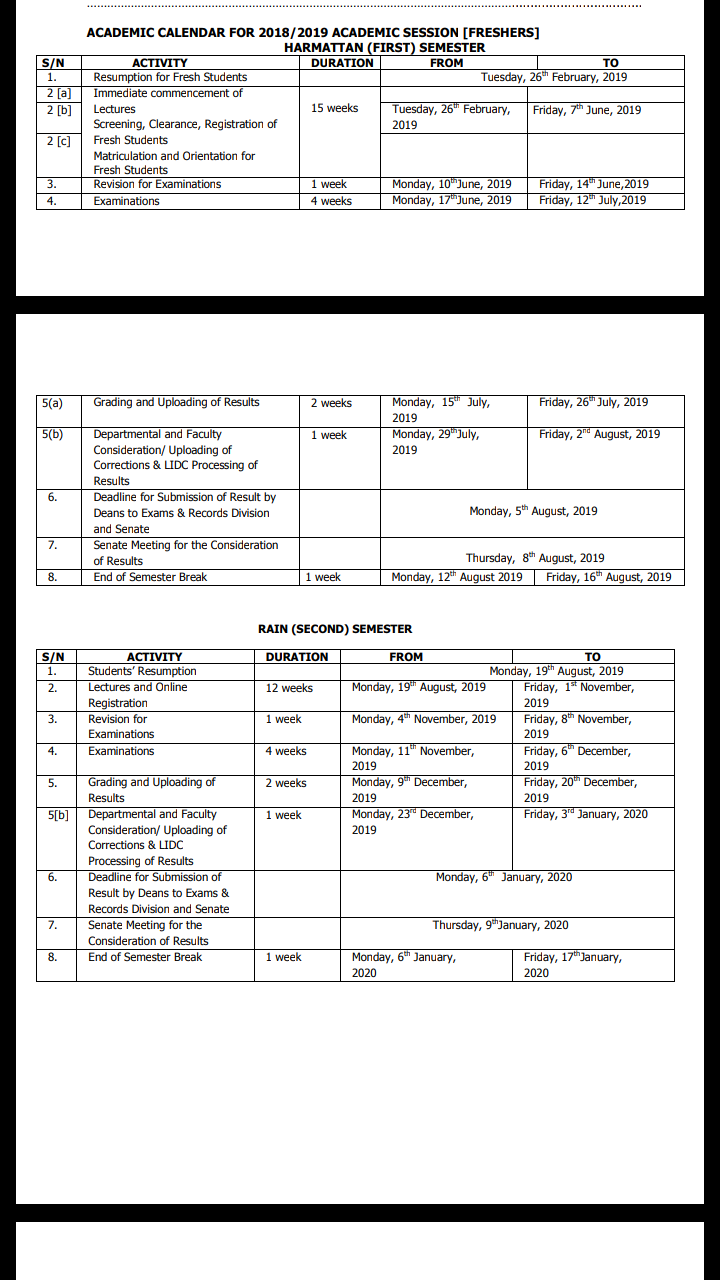 LASU Academic Calendar for 2018/2019Session