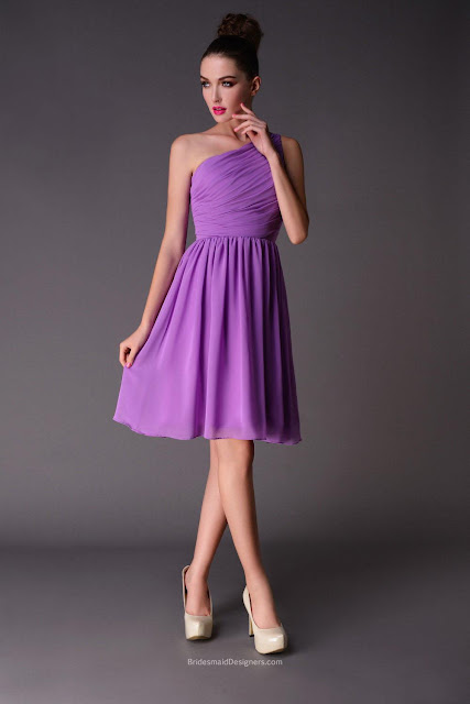 One Shoulder Knee Length Pleated Simple Lavender Chiffon Bridesmaid Dress
