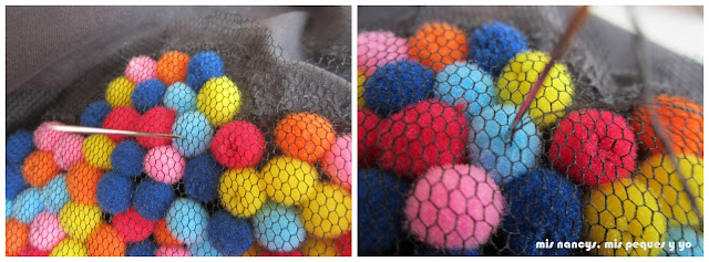 mis nancys, mis peques y yo, tutorial aplique camiseta con pompones, coser pompones