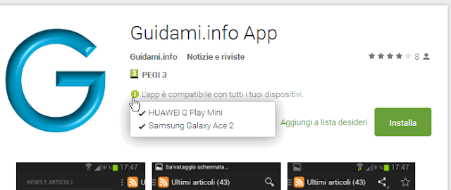 Lista dispositivi Android compatibili app Google Play