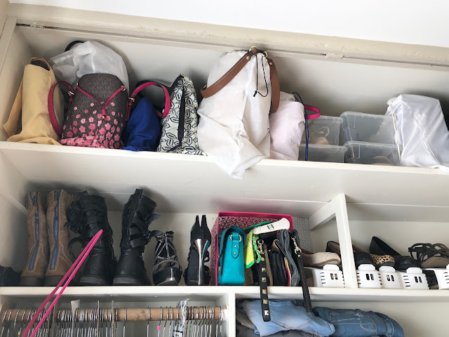 Organized closet using Container Store shoe bins and shelf dividers