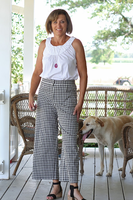 Mood Fabrics' gingham cotton stretch twill made into McCall's 7445
