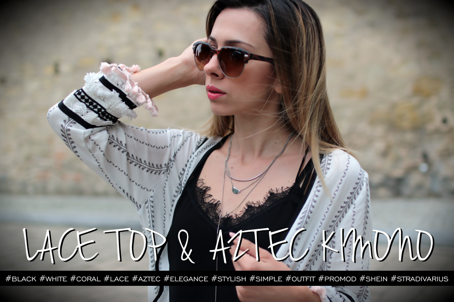 TOP Z KORONKĄ PRZY DEKOLCIE I KIMONO Z FRĘDZLAMI