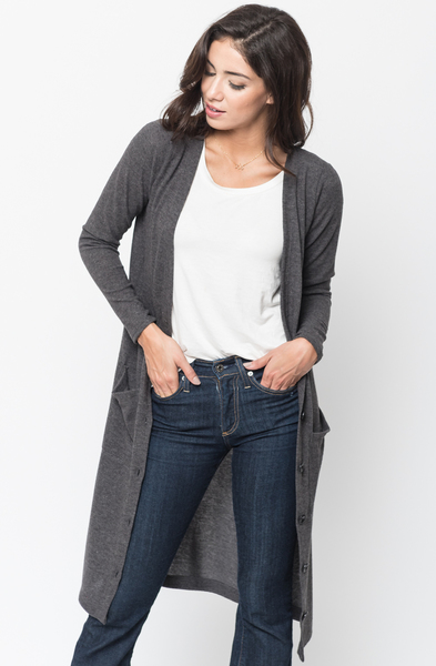 Shop for Charcoal Everyday Maxi Cardigan Front Pockets and Full Length Sleeves Online - $44 - on caralase.com