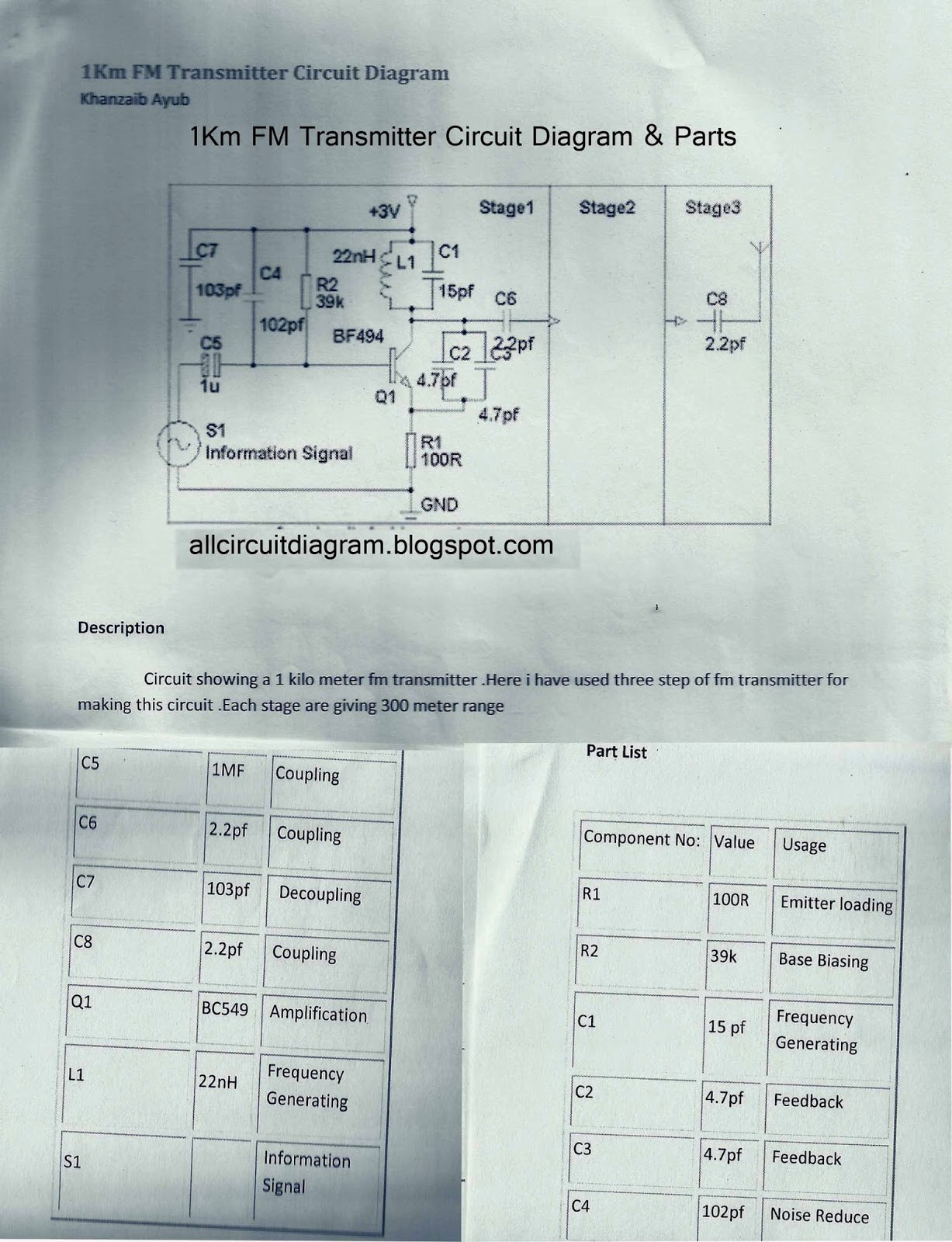 1Km FM Transmitter Circuit Diagram & Parts - Gallery Of Electronic