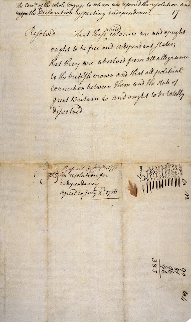 Continental Congress Resolution for Independency passed on vote, ; Papers of the Continental Congress, 1774-1783; Records of the Continental and Confederation Congresses and the Constitutional Convention, 1774-1789, Record Group 360; National Archives - http://www.declarationofindependence.info/