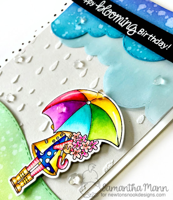 Happy Blooming Birthday Card by Samantha Mann, Newton's Nook Designs, handmade card, umbrella, rain, stencil, embossing paste, rainy day, #newtonsnook, #zigcleancolorrealbrushmarkers