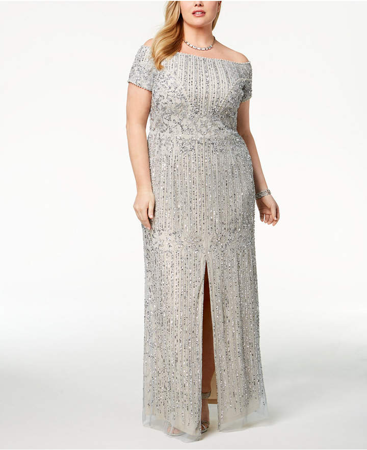 Adrianna Papell Plus Size Embellished Off-The-Shoulder Gown