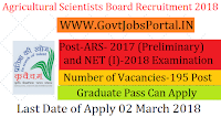 Agricultural Scientists Board Recruitment 2018– ARS- 2017 (Preliminary) and NET (I)-2018 Examination