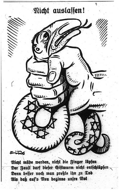 Title: Don't Let Go. Text: Do not grow weary, do not loosen the grip, This poisonous serpent may not slip away. Better that one strangles it to death Than that our misery begin anew. Nazi cartoon