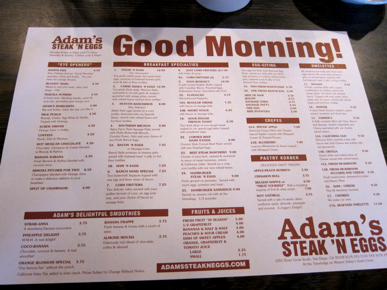 The Radiused Corner Menu Vault Adam's Steak 'n Eggs