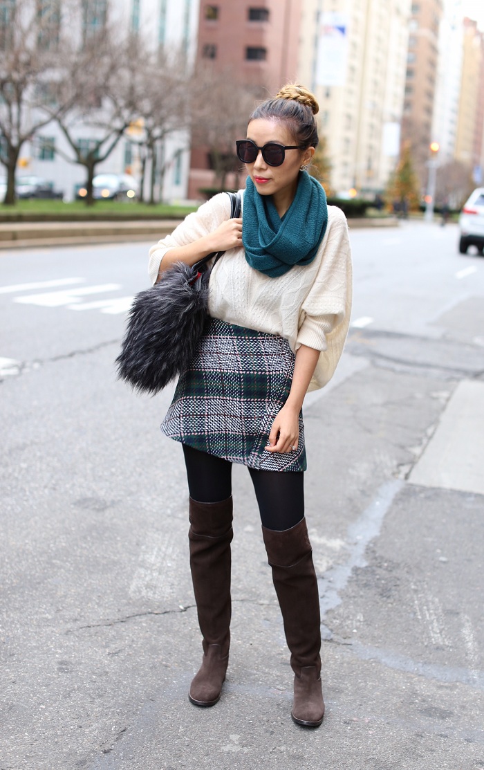 halogen teal deep cashmere scarf, chanel earrings, karen walker super duper sunglasses, quinn cashmere sweater, cocorocha botkier paris tote, tory burch simon over the knee boots, Over the knee boots, tweed plaid skirt, winter outfit, street style